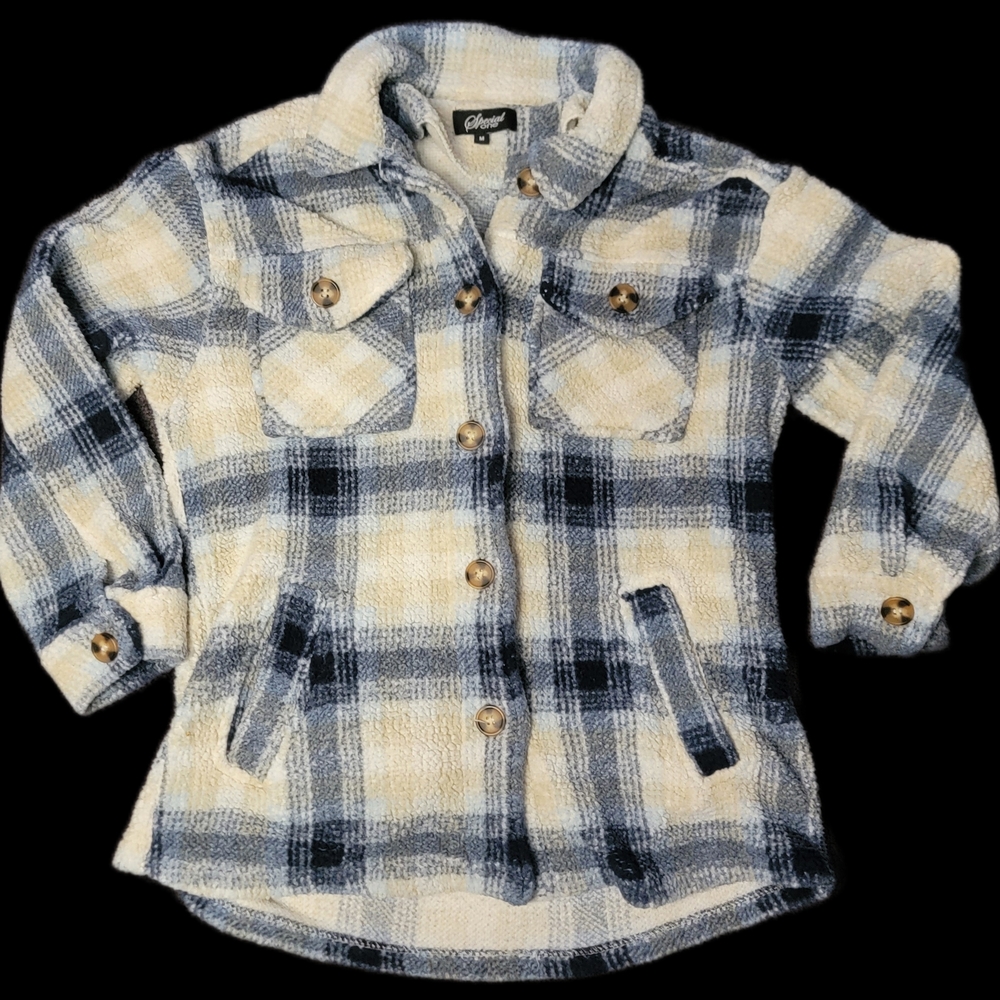 Plaid Button-Up Shacket - Cream & Navy